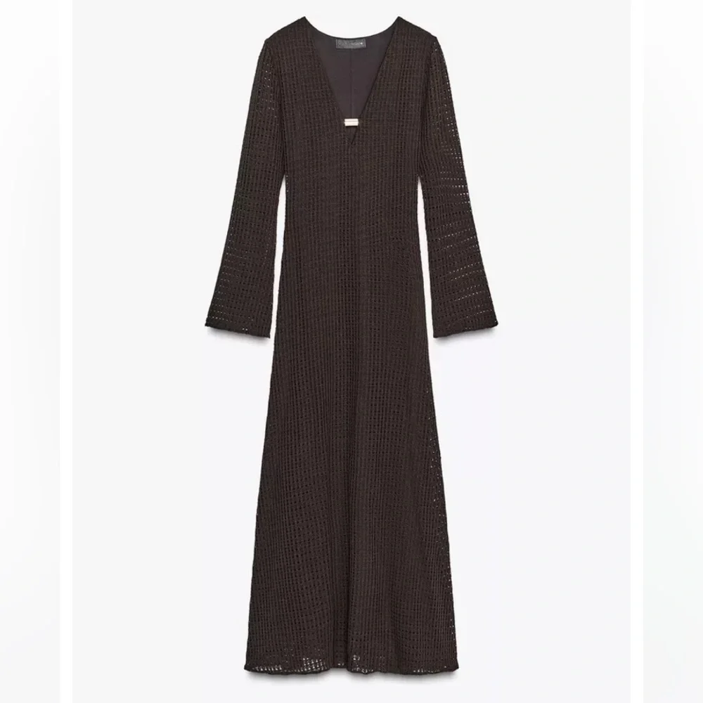 Zara NWT black open weave V-neck midi dress long sleeve gold accents size XS - Picture 12 of 15